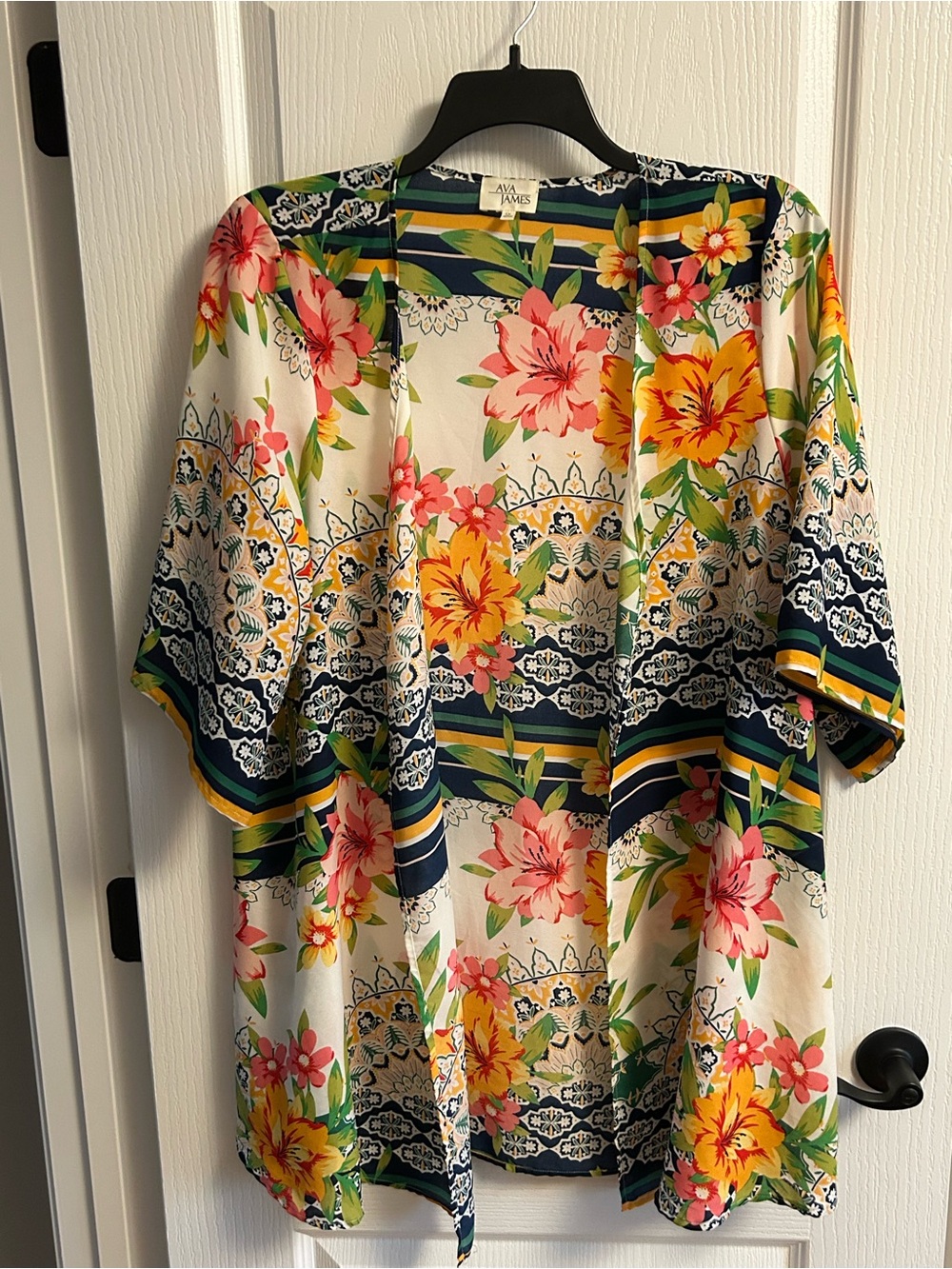 Ava James Floral Striped Blouse in Navy, Yellow & Pink